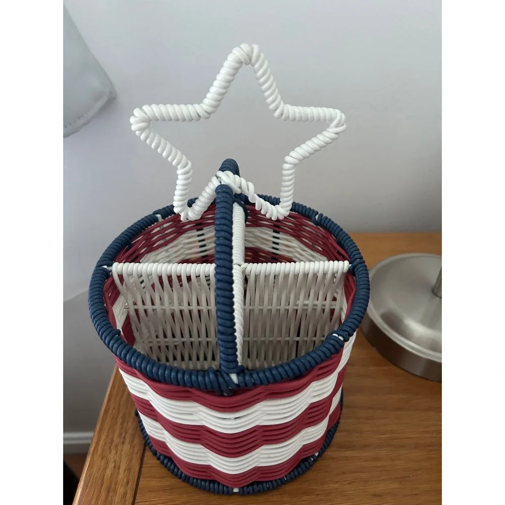 Patriotic Red White Blue Woven Utensil Caddy Star Handle 4 Compartment Basket